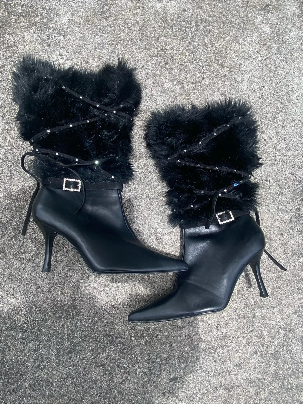 Y2K Black Leather & Fur Rhinestone Stiletto Boots Size 10 - Picture 1 of 8